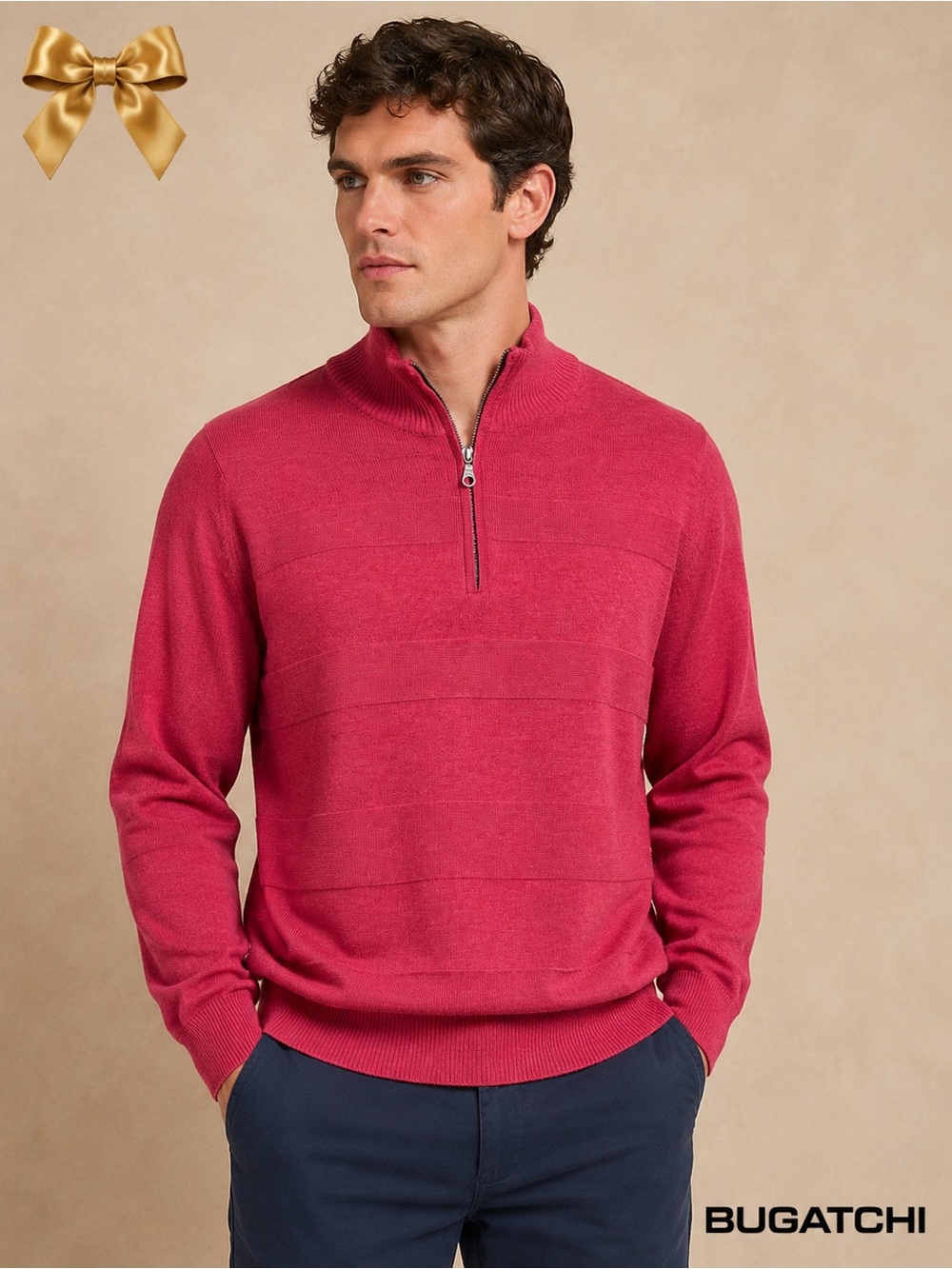 Bugatchi Uomo 100% Merino Wool Wine Red Quarter Zip Sweater Large